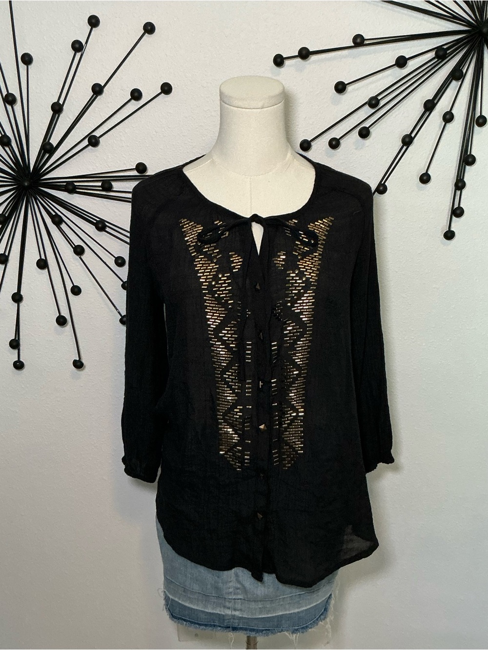 Black Boho Sheer Embellished Tie Front Blouse Size Medium - Picture 1 of 4